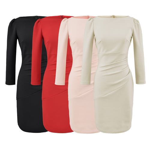 Damen Figurbetontes Midikleid mit geraffter Wickeloptik und langen Ärmeln Nord Taschen