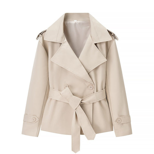 Damen Taillierter kurzer Trenchcoat mit Bindegürtel und Epauletten Nord Taschen
