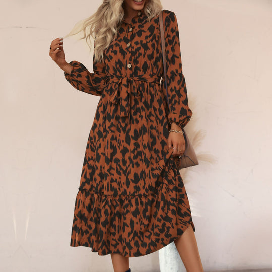 Damen Viskose-Midikleid mit Leoparden-Print, verdeckter Knopfleiste, Taillenband und Stufenvolant Nord Taschen