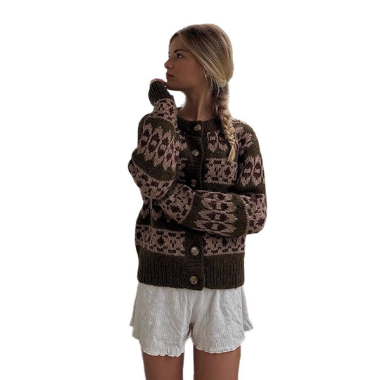 Damen Norwegermuster-Strickjacke mit Knopfleiste und geripptem Saum Nord Taschen