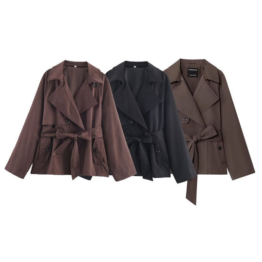 Damen Gekürzte Trenchjacke mit Schalkragen, Bindegürtel und Pattentaschen Nord Taschen