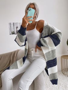 Damen Lässiger Strickmantel mit Streifen Nord Taschen