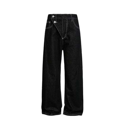 Damen Weite High-Waist Jeanshose mit asymmetrischem Knopfverschluss und Kontrastnähten Nord Taschen