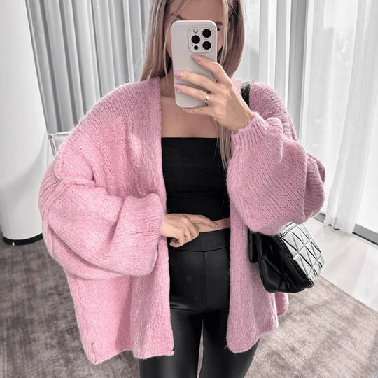 Damen Oversize Strickcardigan mit voluminösen Ballonärmeln und teddyähnlicher Struktur Nord Taschen