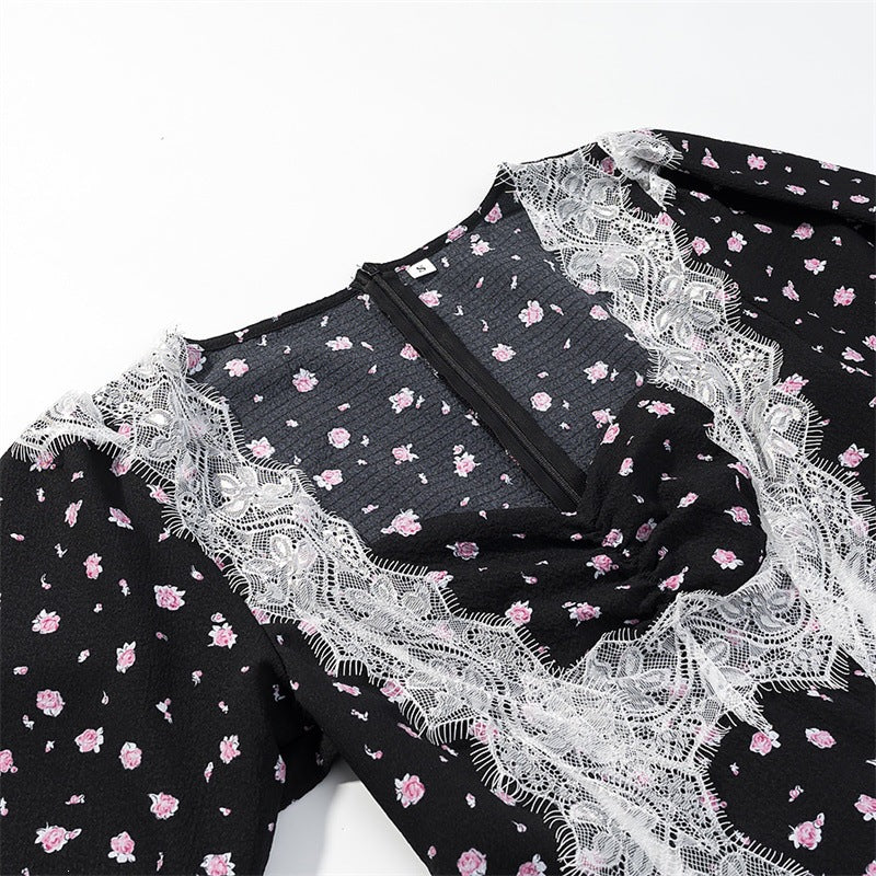 Damen Langärmeliges Maxikleid mit Spitzenborten, tiefem V‑Ausschnitt und floralem Alloverprint Nord Taschen