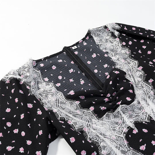 Damen Langärmeliges Maxikleid mit Spitzenborten, tiefem V‑Ausschnitt und floralem Alloverprint Nord Taschen