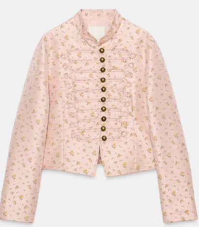Damen Cropped Militärblouson mit Mandarinkragen, Zierkordeln und floraler Webstruktur Nord Taschen