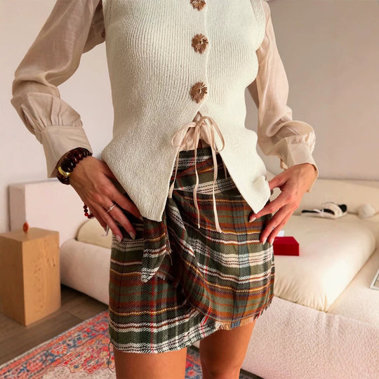 Damen Kariertes Wickel‑Minirock mit Fransen und hoher Taille Nord Taschen