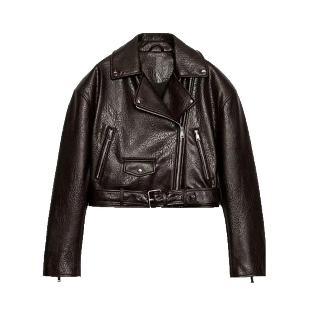 Damen Kurz geschnittene Bikerjacke aus Kunstleder mit Taillengürtel und asymmetrischem Reißverschluss Nord Taschen