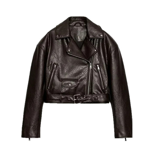 Damen Kurz geschnittene Bikerjacke aus Kunstleder mit Taillengürtel und asymmetrischem Reißverschluss Nord Taschen
