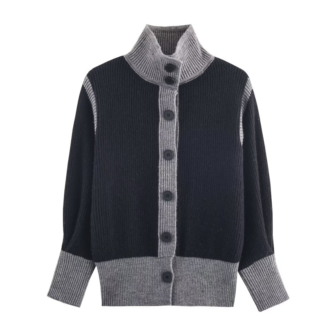 Damen Oversize Rippstrick-Cardigan mit hohem Kragen, Kontrastblende und Knopfleiste Nord Taschen