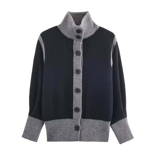 Damen Oversize Rippstrick-Cardigan mit hohem Kragen, Kontrastblende und Knopfleiste Nord Taschen