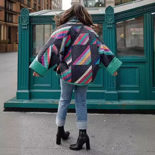 Damen wattierte Kimono-Steppjacke mit Patchwork-Design und weiten Ärmeln Nord Taschen