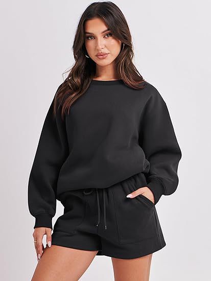 Damen Lässiges zweiteiliges Lounge-Sweatset mit Oversize-Rundhals-Sweatshirt und High-Waist-Relax-Shorts Nord Taschen