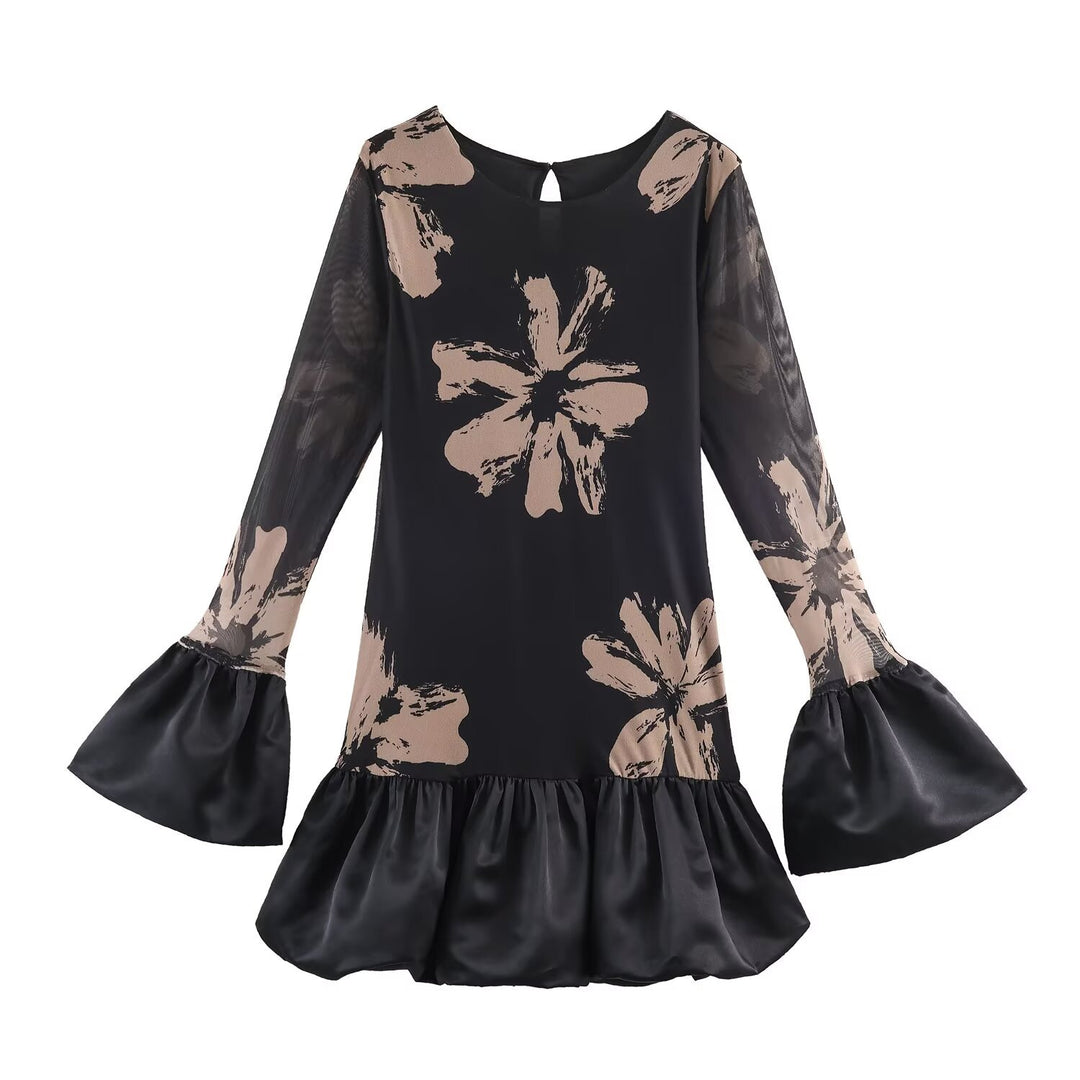 Damen Kurzes A-Linien-Kleid mit Blumenprint, transparenten Trompetenärmeln und Satinvolant Nord Taschen