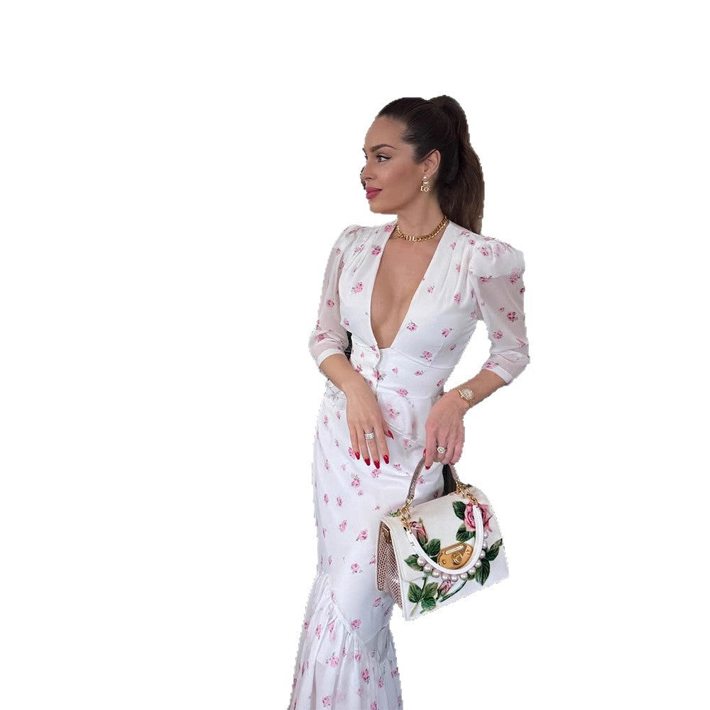 Damen Florales Satin-Midikleid mit tiefem V-Ausschnitt, Puffärmeln und taillierter Raffung Nord Taschen