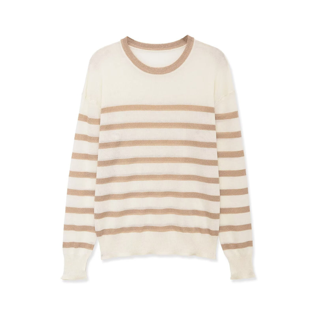 Damen Feinstrickpullover mit Lurex-Streifen und Rundhalsausschnitt Nord Taschen