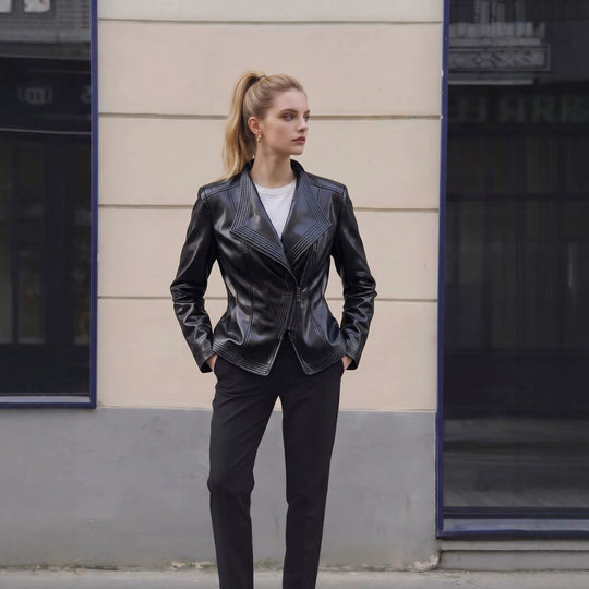 Damen Kurz geschnittene Kunstlederjacke mit asymmetrischem Reißverschluss Nord Taschen