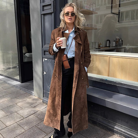 Damen Maxilanger Veloursleder‑Trenchcoat mit Bindegürtel Nord Taschen