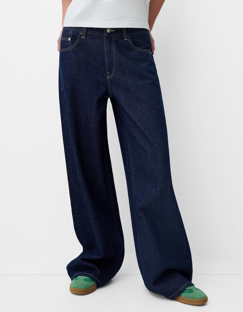 Damen ultraweite bodenlange Denim-Palazzohose mit cleanem Taschen-Schnitt und leichter Stretchwirkung Nord Taschen