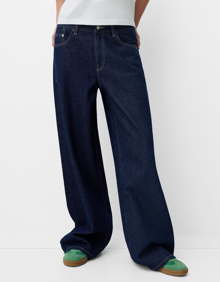 Damen ultraweite bodenlange Denim-Palazzohose mit cleanem Taschen-Schnitt und leichter Stretchwirkung Nord Taschen