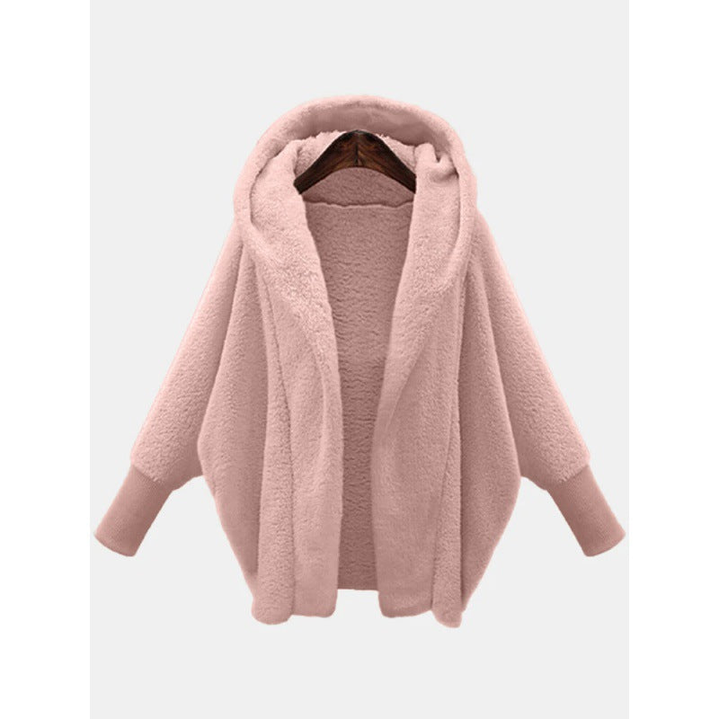 Damen Kuscheliger Oversize-Kapuzencardigan aus Teddyfleece mit Fledermausärmeln Nord Taschen