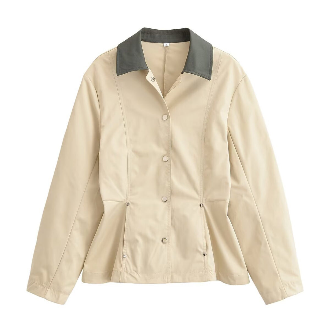 Damen Taillierte leichte Übergangsjacke mit Kontrastkragen und Druckknopfleiste Nord Taschen