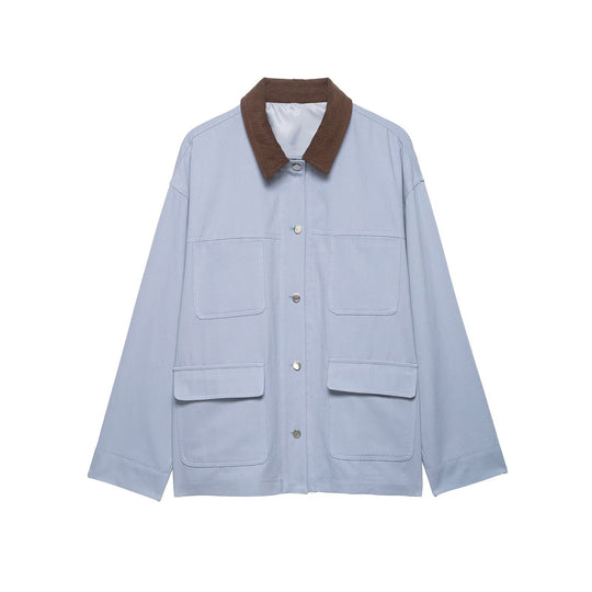 Damen Oversized Utility-Jacke mit Cordkragen und aufgesetzten Taschen Nord Taschen