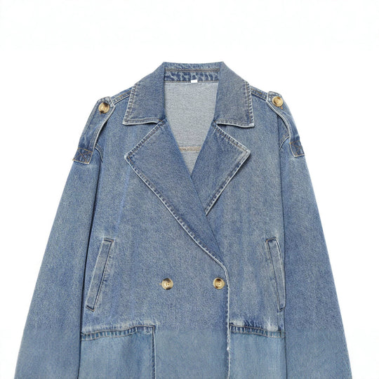 Damen kurze Double-Breasted Jeansjacke mit Überschlagkragen, Schulterklappen und gesmoktem Saum Nord Taschen