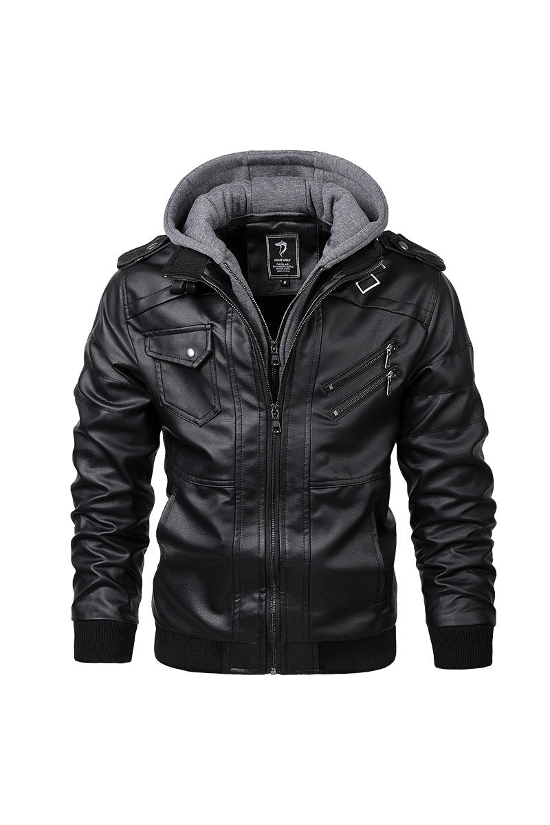 Herren Urbaner Kapuzen-Lederjacke im Bikerstil mit Reißverschluss-Details und Rippbündchen Nord Taschen