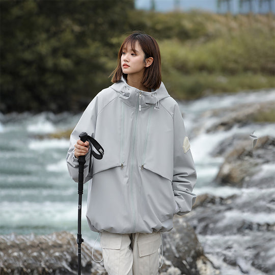 Damen Leichte Wasserabweisende Oversized Funktions-Outdoorjacke mit Kapuze Nord Taschen