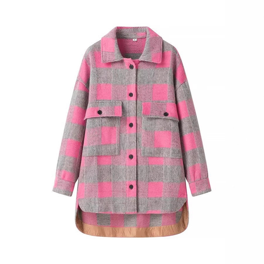 Damen Oversized Hemdjacke im Karo mit großen Pattentaschen und gerundetem Saum Nord Taschen