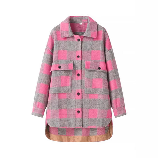 Damen Oversized Hemdjacke im Karo mit großen Pattentaschen und gerundetem Saum Nord Taschen