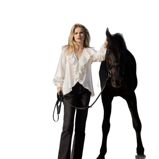 Damen schimmernde V-Neck Rüschenbluse mit Ballonärmeln und elastischen Bündchen Nord Taschen