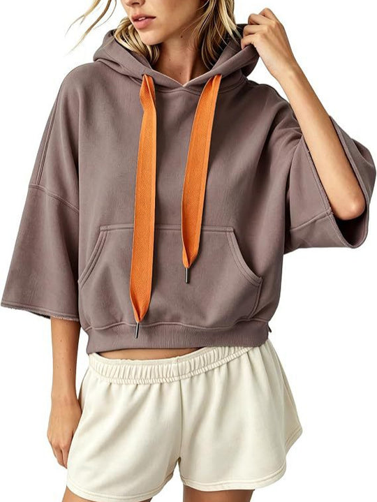 Damen Cropped Kapuzenpullover mit 3/4-Ärmeln und Kängurutasche Nord Taschen