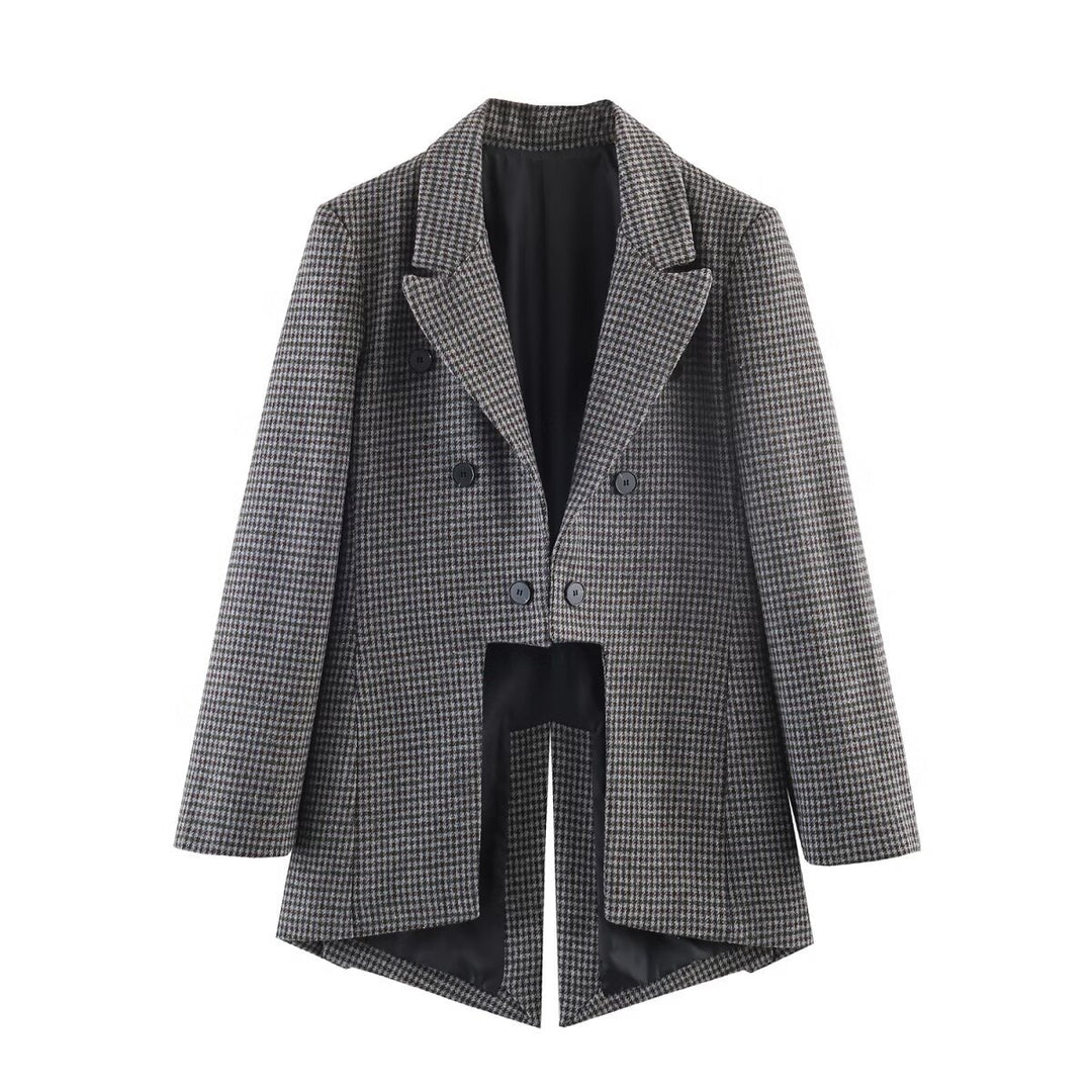 Damen Zweireihiger Hahnentritt-Blazer mit offenem Schlitz-Saum und taillierter Silhouette Nord Taschen