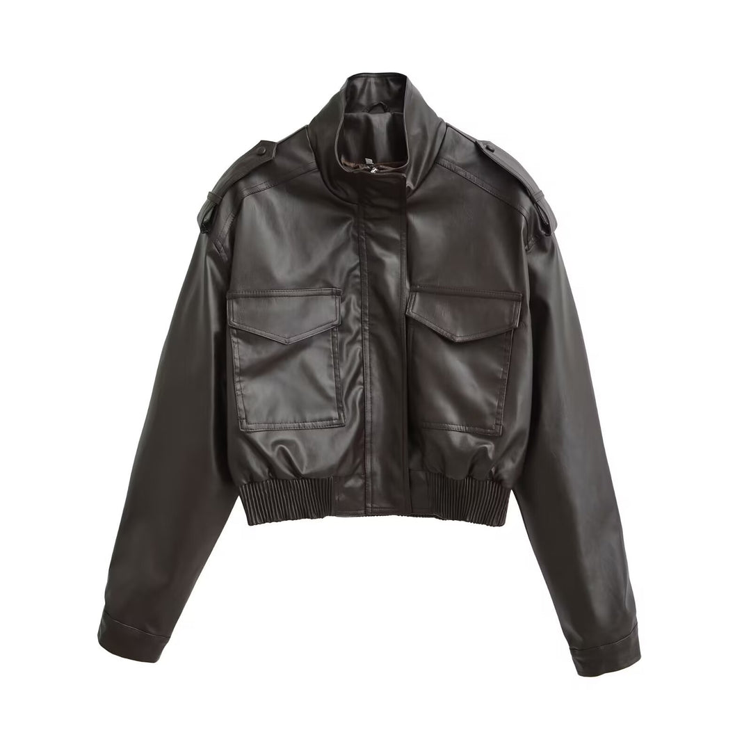 Damen Kurze PU-Leder-Bomberjacke mit hohem Stehkragen, Pattentaschen und Schulterklappen Nord Taschen