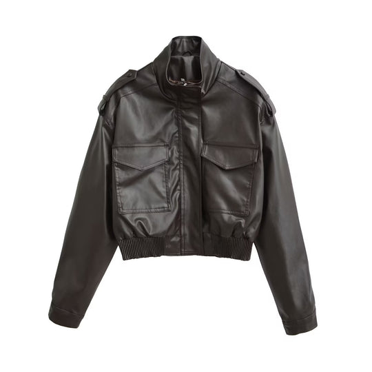 Damen Kurze PU-Leder-Bomberjacke mit hohem Stehkragen, Pattentaschen und Schulterklappen Nord Taschen