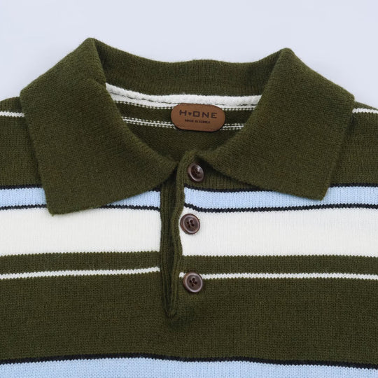 Damen Gestreifter Polokragen-Pullover mit Knopfleiste und Rippbündchen Nord Taschen