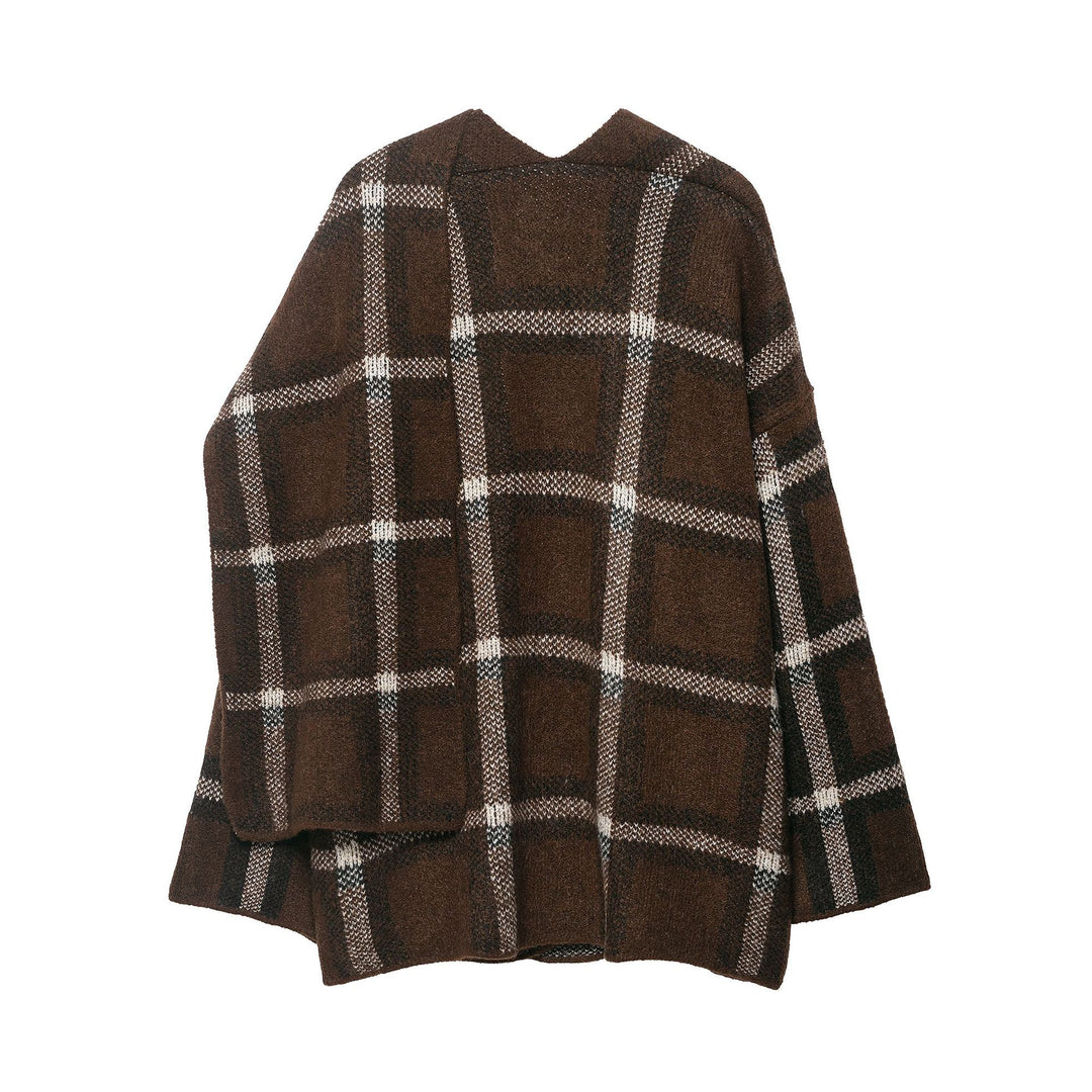 Damen Oversize Cape-Cardigan mit Kapuze, aufgesetzten Taschen und Karomuster Nord Taschen
