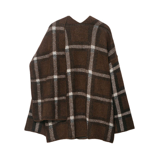 Damen Oversize Cape-Cardigan mit Kapuze, aufgesetzten Taschen und Karomuster Nord Taschen