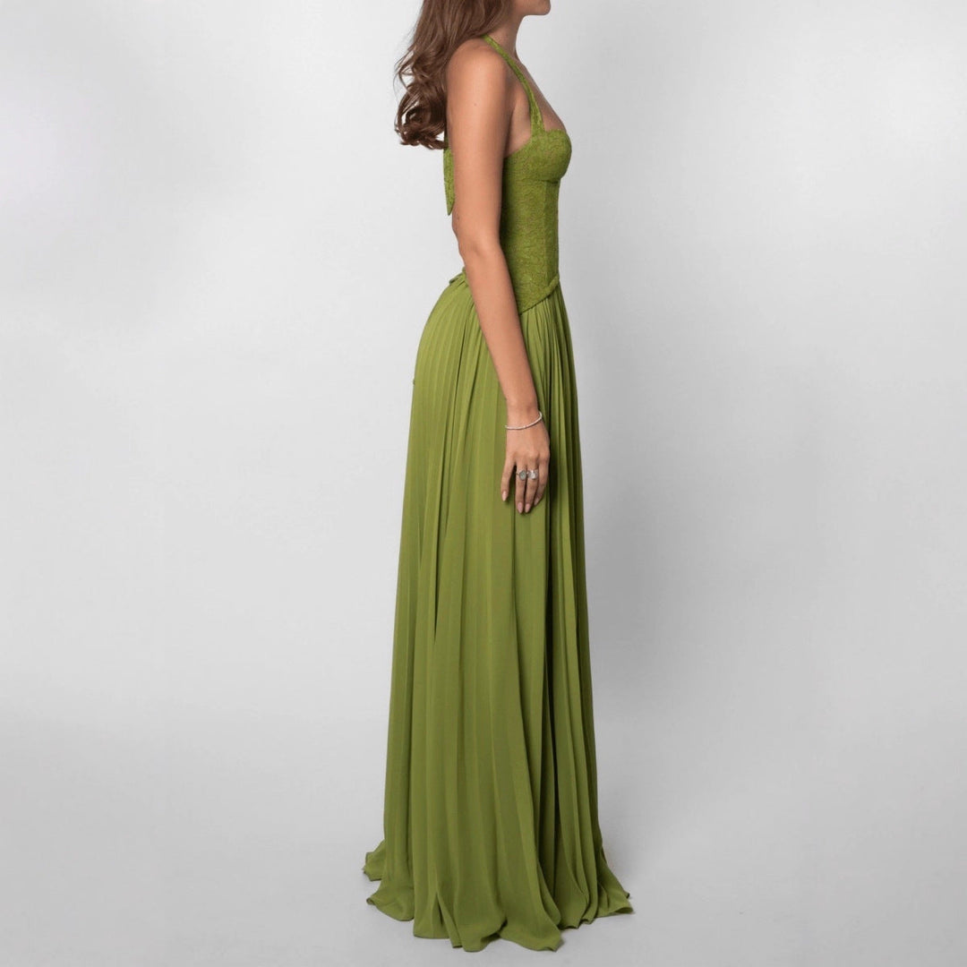 Damen nan Neckholder-Korsettkleid mit Spitzen-Corsage und fließendem Plisseerock