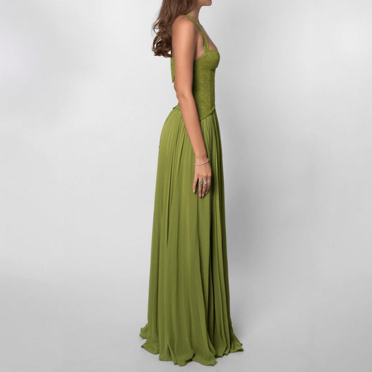 Damen nan Neckholder-Korsettkleid mit Spitzen-Corsage und fließendem Plisseerock