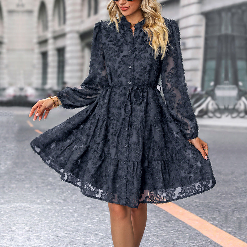 Damen Elegantes Langarmkleid mit Rüschen Nord Taschen