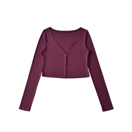 Damen Cropped Jersey-Cardigan mit tiefem V-Ausschnitt und schmaler Knopfleiste Nord Taschen