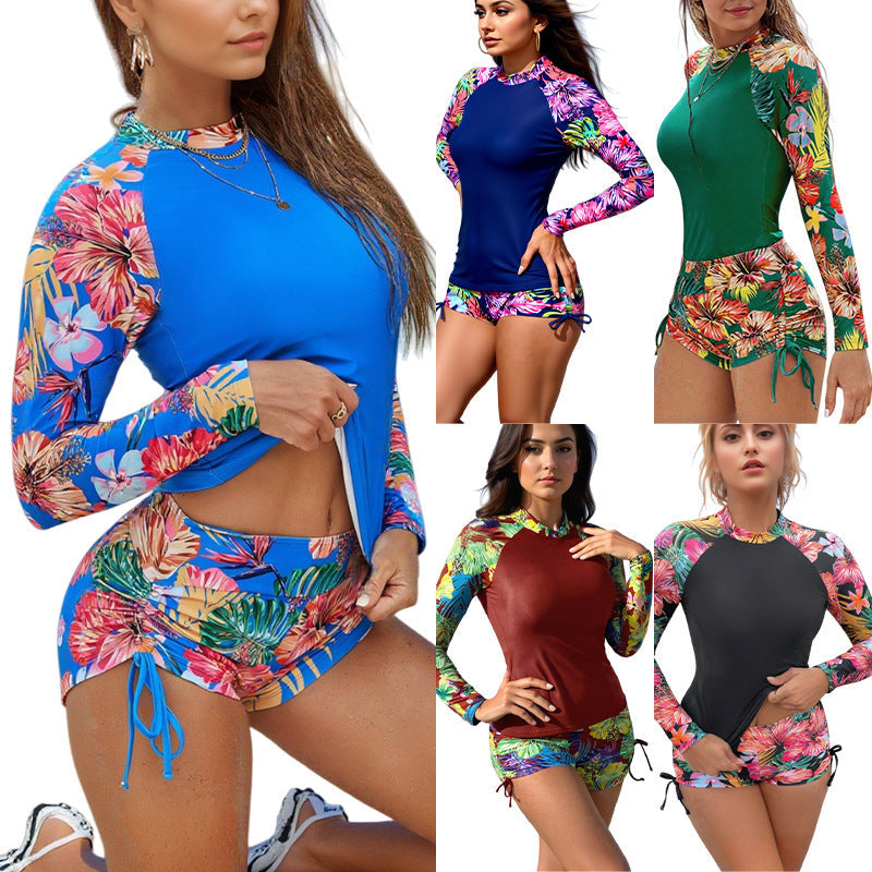 Damen Sportlicher Rashguard-Anzug mit floralen Ärmeln