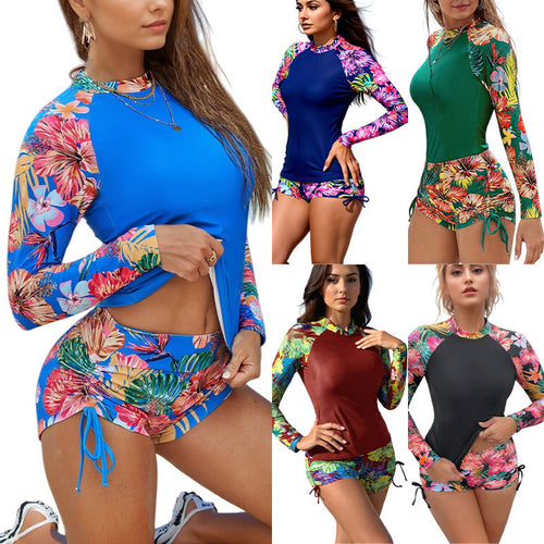 Damen Sportlicher Rashguard-Anzug mit floralen Ärmeln