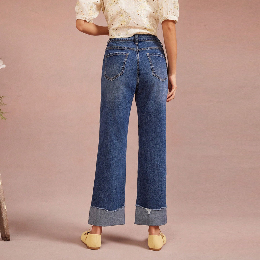 Damen Hochtaillierte Cropped-Jeans mit weitem Bein und ausgefranstem Umschlag Nord Taschen