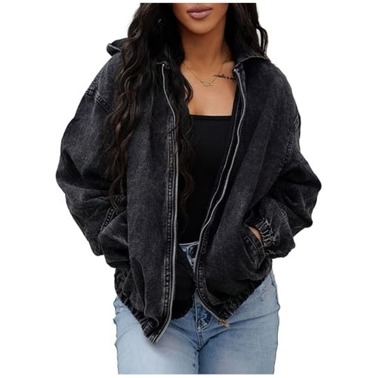 Damen Oversize Jeansjacke mit Kapuze, Reißverschluss und gerafftem Saum Nord Taschen