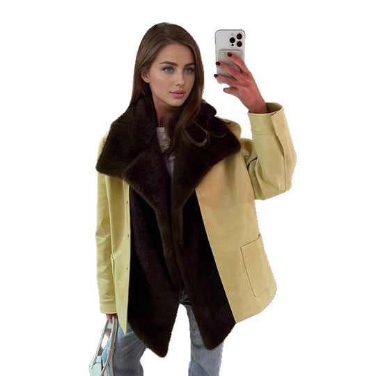 Damen Eleganter Oversize-Mantel aus Veloursleder‑Optik mit voluminösem Faux‑Fur‑Schalkragen Nord Taschen
